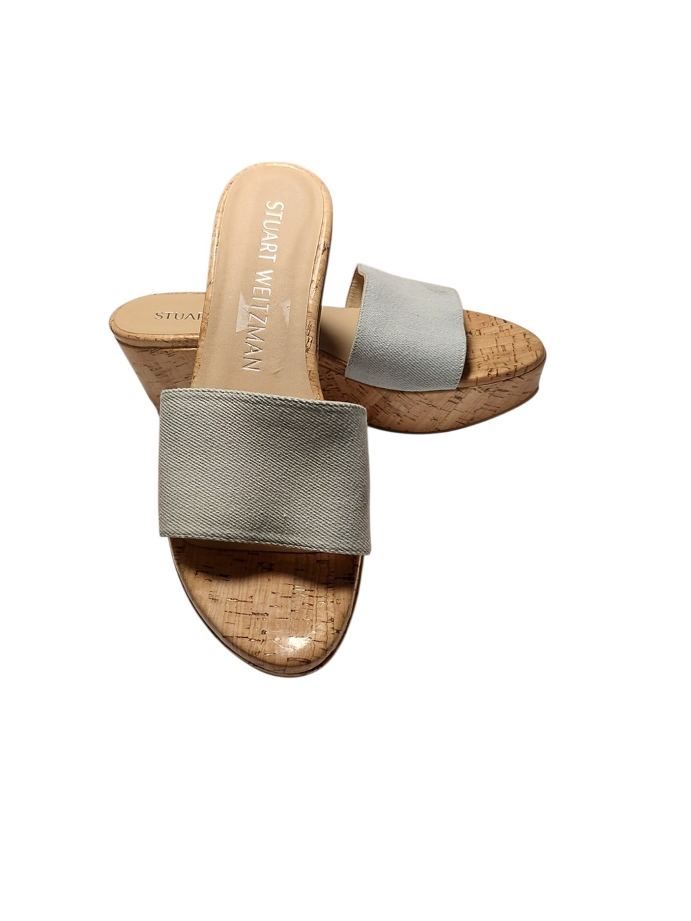Stuart Weitzman Light Beige Fabric Cork Wedge Slides